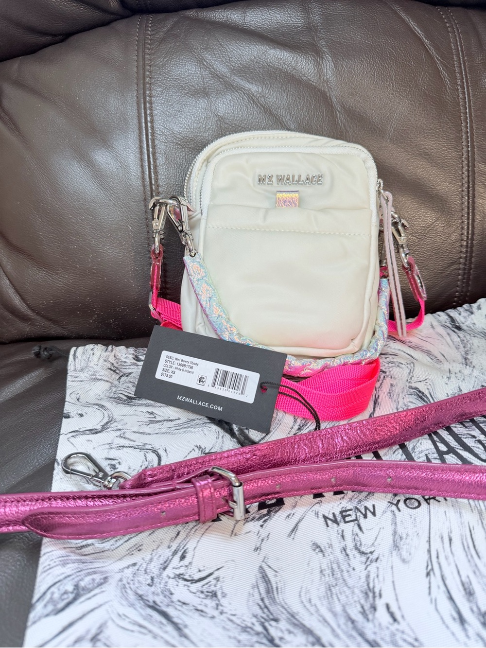 MZ Wallace Nylon Crossbody with Hot Pink/Pearl White & Iridescent Pink Straps - Picture 1 of 8